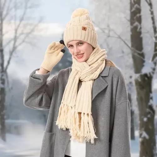 Womens Winter Warm Beanie Hat Touchscreen Gloves Lone Neck Scarf Set with Fleece Lined Pom Skull Cap Gift for Women 3PCS - 5