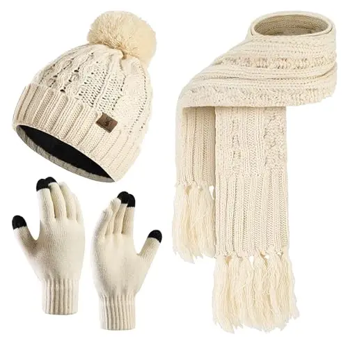 Womens Winter Warm Beanie Hat Touchscreen Gloves Lone Neck Scarf Set with Fleece Lined Pom Skull Cap Gift for Women 3PCS - 6