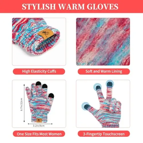 Womens Winter Warm Beanie Hat Touchscreen Gloves Lone Neck Scarf Set with Fleece Lined Pom Skull Cap Gift for Women 3PCS - HONNESSERRY (1)