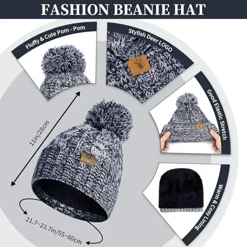 Womens Winter Warm Beanie Hat Touchscreen Gloves Lone Neck Scarf Set with Fleece Lined Pom Skull Cap Gift for Women 3PCS 