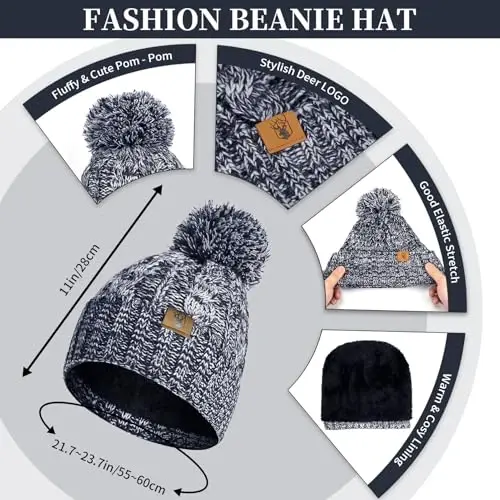 Womens Winter Warm Beanie Hat Touchscreen Gloves Lone Neck Scarf Set with Fleece Lined Pom Skull Cap Gift for Women 3PCS - 1