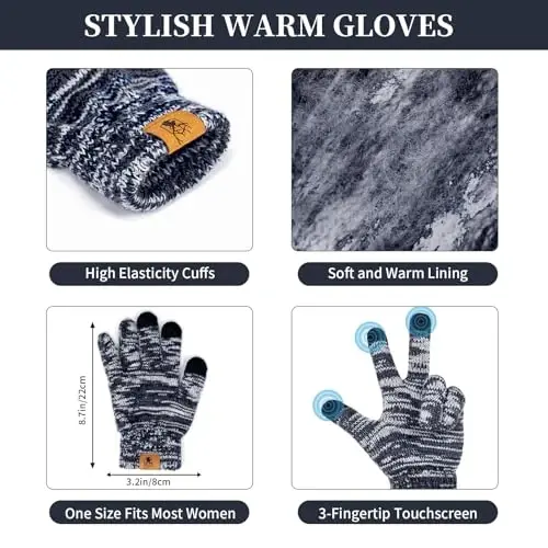 Womens Winter Warm Beanie Hat Touchscreen Gloves Lone Neck Scarf Set with Fleece Lined Pom Skull Cap Gift for Women 3PCS - 2