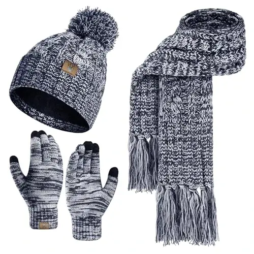 Womens Winter Warm Beanie Hat Touchscreen Gloves Lone Neck Scarf Set with Fleece Lined Pom Skull Cap Gift for Women 3PCS - 6