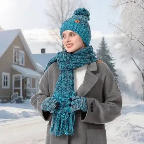 Womens Winter Warm Beanie Hat Touchscreen Gloves Lone Neck Scarf Set with Fleece Lined Pom Skull Cap Gift for Women 3PCS - 5