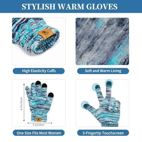 Womens Winter Warm Beanie Hat Touchscreen Gloves Lone Neck Scarf Set with Fleece Lined Pom Skull Cap Gift for Women 3PCS - HONNESSERRY (1)