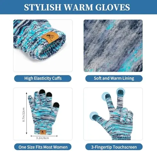 Womens Winter Warm Beanie Hat Touchscreen Gloves Lone Neck Scarf Set with Fleece Lined Pom Skull Cap Gift for Women 3PCS - 2