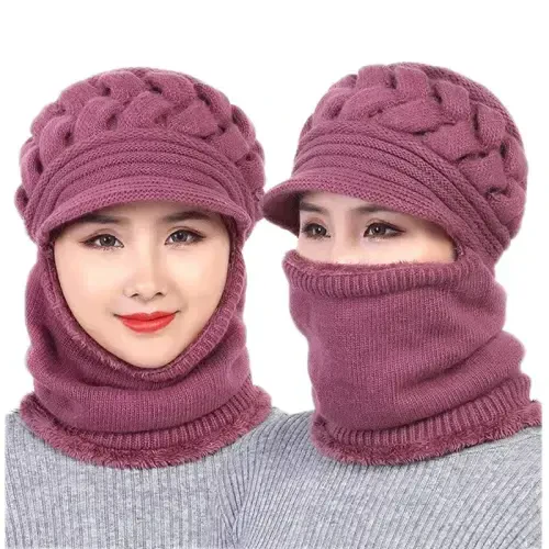 Womens Winter Warm Elastic Soft Ear Protection Knitted Scarf Mask hat Fleece Lined Beanie Hat one-Piece hat 