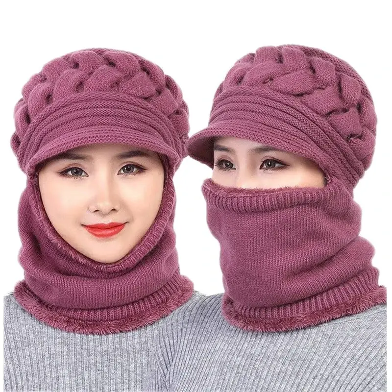 Womens Winter Warm Elastic Soft Ear Protection Knitted Scarf Mask hat Fleece Lined Beanie Hat one-Piece hat - 1