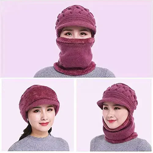 Womens Winter Warm Elastic Soft Ear Protection Knitted Scarf Mask hat Fleece Lined Beanie Hat one-Piece hat - WOMENS (1)