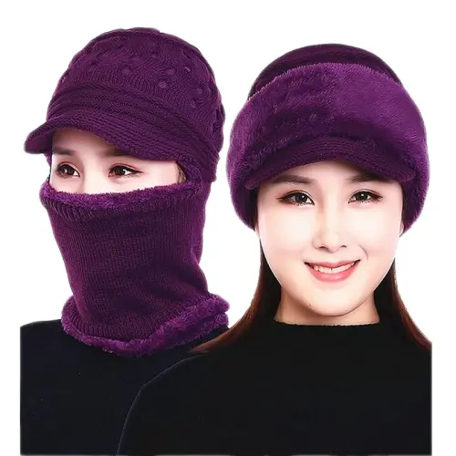 Womens Winter Warm Elastic Soft Ear Protection Knitted Scarf Mask hat Fleece Lined Beanie Hat one-Piece hat 