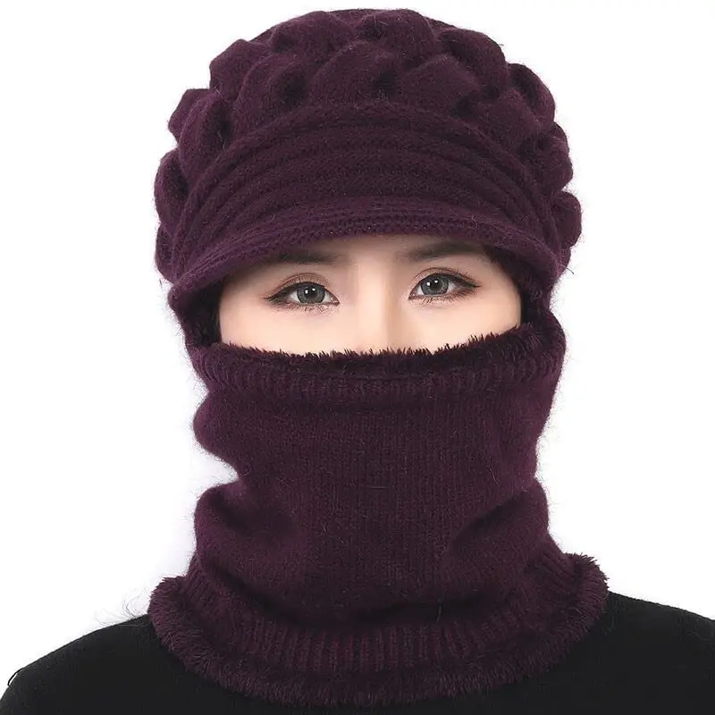 Womens Winter Warm Elastic Soft Ear Protection Knitted Scarf Mask hat Fleece Lined Beanie Hat one-Piece hat - 2