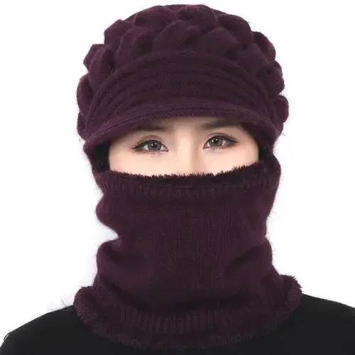 Womens Winter Warm Elastic Soft Ear Protection Knitted Scarf Mask hat Fleece Lined Beanie Hat one-Piece hat - WOMENS (1)