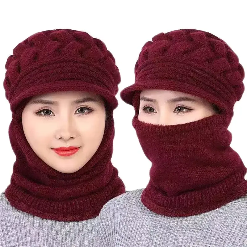Womens Winter Warm Elastic Soft Ear Protection Knitted Scarf Mask hat Fleece Lined Beanie Hat one-Piece hat - WOMENS