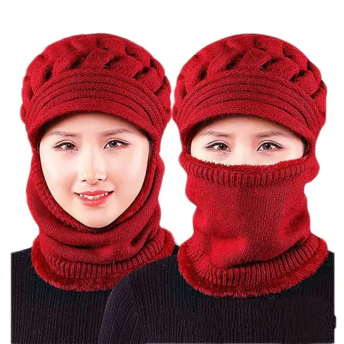 Womens Winter Warm Elastic Soft Ear Protection Knitted Scarf Mask hat Fleece Lined Beanie Hat one-Piece hat 