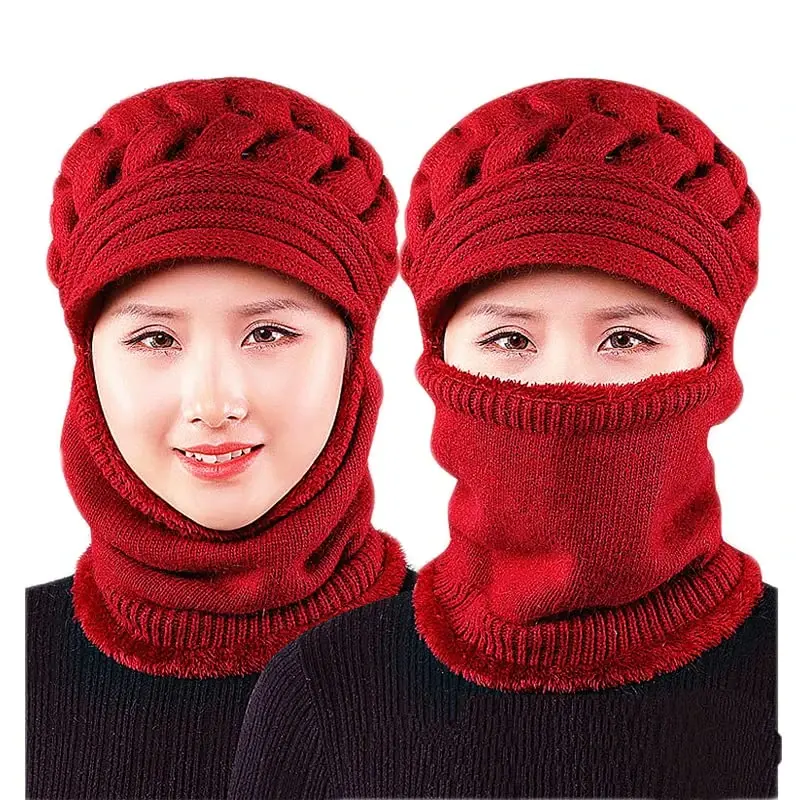 Womens Winter Warm Elastic Soft Ear Protection Knitted Scarf Mask hat Fleece Lined Beanie Hat one-Piece hat - 1