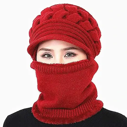 Womens Winter Warm Elastic Soft Ear Protection Knitted Scarf Mask hat Fleece Lined Beanie Hat one-Piece hat - 2