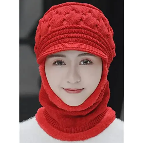 Womens Winter Warm Elastic Soft Ear Protection Knitted Scarf Mask hat Fleece Lined Beanie Hat one-Piece hat - 4