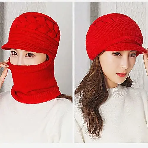 Womens Winter Warm Elastic Soft Ear Protection Knitted Scarf Mask hat Fleece Lined Beanie Hat one-Piece hat - 5