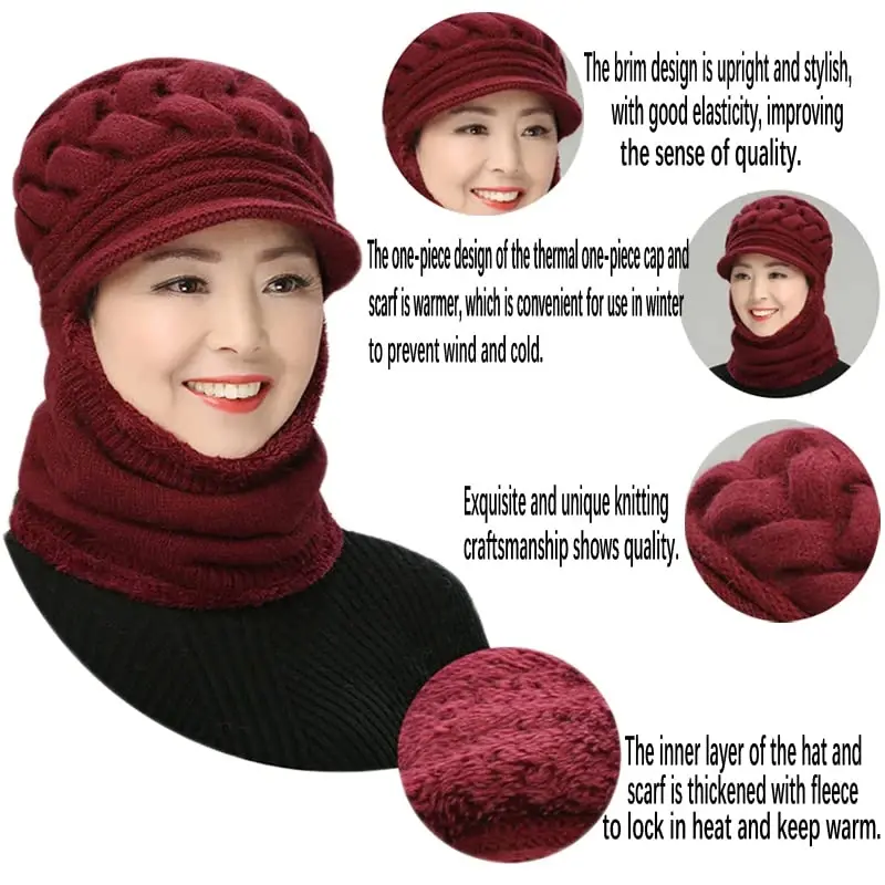 Womens Winter Warm Elastic Soft Ear Protection Knitted Scarf Mask hat Fleece Lined Beanie Hat one-Piece hat - 6