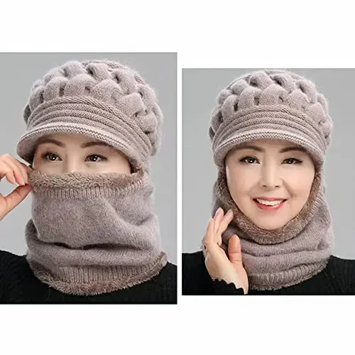 Womens Winter Warm Elastic Soft Ear Protection Knitted Scarf Mask hat Fleece Lined Beanie Hat one-Piece hat - 6