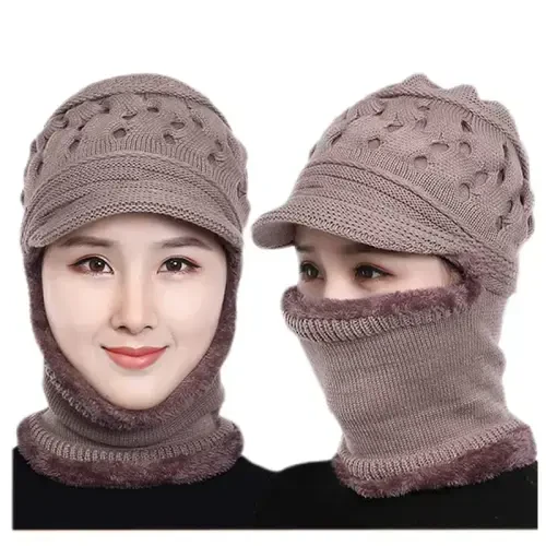 Womens Winter Warm Elastic Soft Ear Protection Knitted Scarf Mask hat Fleece Lined Beanie Hat one-Piece hat 