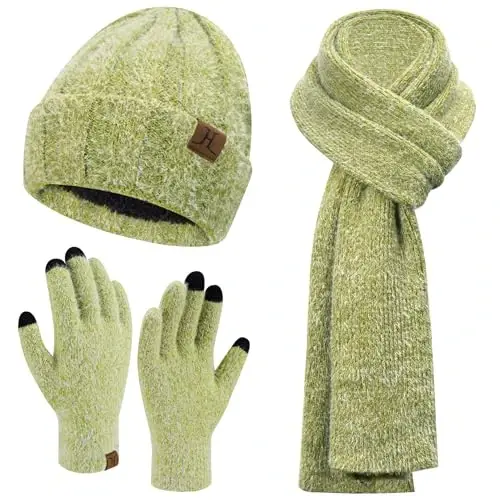 Womens Winter Warm Knit Beanie Hat Touchscreen Gloves Long Neck Scarf Set with Fleece Lined Skull Caps Gifts for Women - 1
