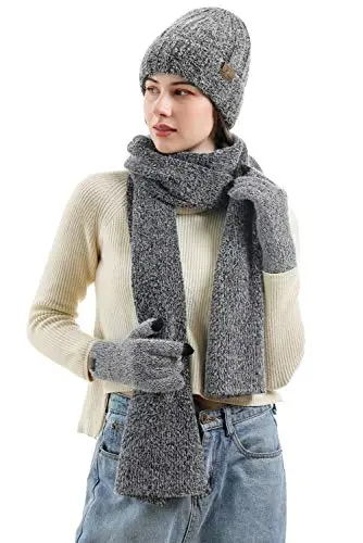 Womens Winter Warm Knit Beanie Hat Touchscreen Gloves Long Neck Scarf Set with Fleece Lined Skull Caps Gifts for Women - 6