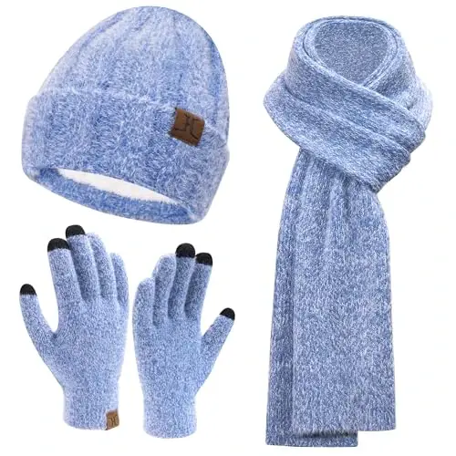 Womens Winter Warm Knit Beanie Hat Touchscreen Gloves Long Neck Scarf Set with Fleece Lined Skull Caps Gifts for Women - 1