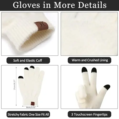 Womens Winter Warm Knit Beanie Hat Touchscreen Gloves Long Neck Scarf Set with Fleece Lined Skull Caps Gifts for Women - 3