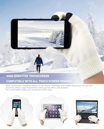 Womens Winter Warm Knit Beanie Hat Touchscreen Gloves Long Neck Scarf Set with Fleece Lined Skull Caps Gifts for Women - 4