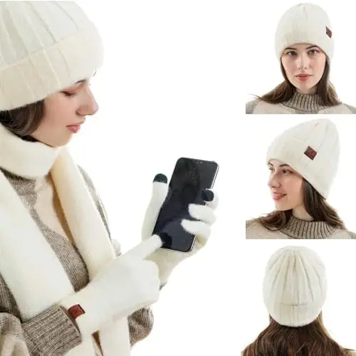 Womens Winter Warm Knit Beanie Hat Touchscreen Gloves Long Neck Scarf Set with Fleece Lined Skull Caps Gifts for Women - 6
