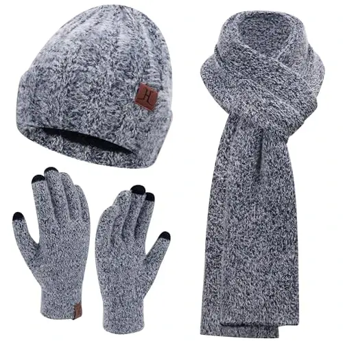 Womens Winter Warm Knit Beanie Hat Touchscreen Gloves Long Neck Scarf Set with Fleece Lined Skull Caps Gifts for Women - 1