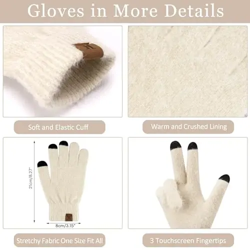 Womens Winter Warm Knit Beanie Hat Touchscreen Gloves Long Neck Scarf Set with Fleece Lined Skull Caps Gifts for Women - 3