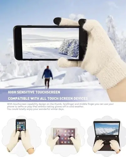 Womens Winter Warm Knit Beanie Hat Touchscreen Gloves Long Neck Scarf Set with Fleece Lined Skull Caps Gifts for Women - 4