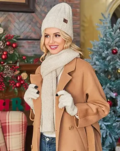 Womens Winter Warm Knit Beanie Hat Touchscreen Gloves Long Neck Scarf Set with Fleece Lined Skull Caps Gifts for Women - 3