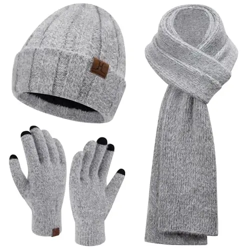 Womens Winter Warm Knit Beanie Hat Touchscreen Gloves Long Neck Scarf Set with Fleece Lined Skull Caps Gifts for Women 