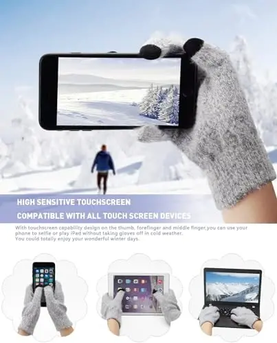 Womens Winter Warm Knit Beanie Hat Touchscreen Gloves Long Neck Scarf Set with Fleece Lined Skull Caps Gifts for Women - 4