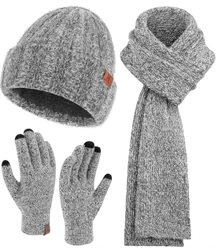 Womens Winter Warm Knit Beanie Hat Touchscreen Gloves Long Neck Scarf Set with Fleece Lined Skull Caps Gifts for Women 