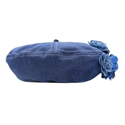 Women Girls Denim Beret French Hat Casual Sun Hat with Adjustable Strap - 3