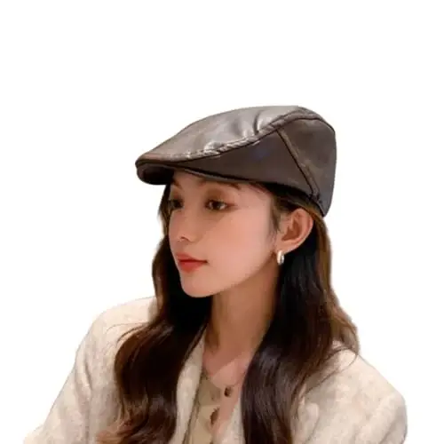 Women's Classic PU Leather French Beret Hat Retro Beanie Hat Artist Beret Cap Adjustable Painter Pumpkin Cap - 1