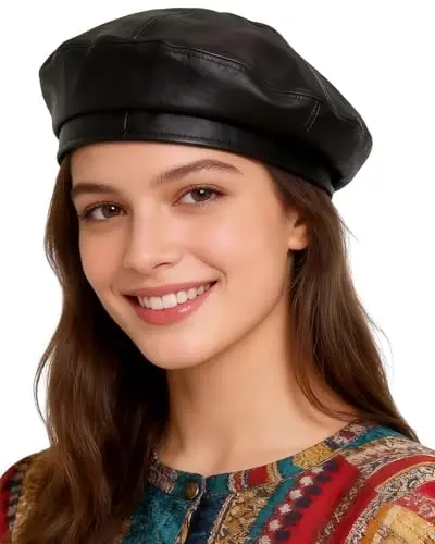 Women's Classic PU Leather French Beret Hat Retro Beanie Hat Artist Beret Cap Adjustable Painter Pumpkin Cap 