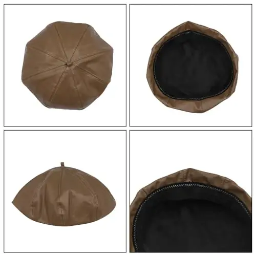 Women's Classic PU Leather French Beret Hat Retro Beanie Hat Artist Beret Cap Adjustable Painter Pumpkin Cap - 5