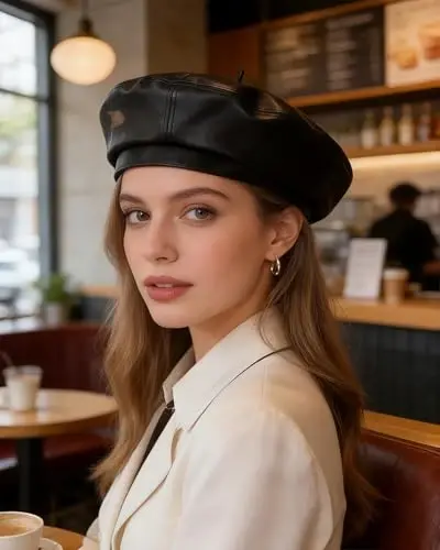 Women's Classic PU Leather French Beret Hat Retro Beanie Hat Artist Beret Cap Adjustable Painter Pumpkin Cap - 3