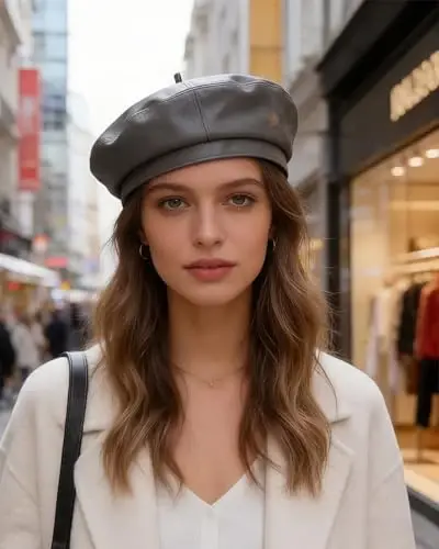 Women's Classic PU Leather French Beret Hat Retro Beanie Hat Artist Beret Cap Adjustable Painter Pumpkin Cap - 5