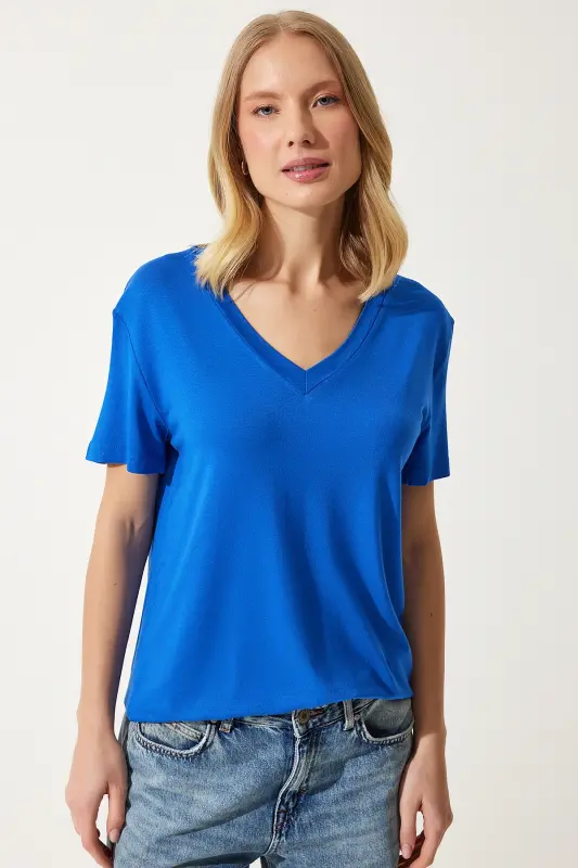 Kadın Kobalt Mavi V Yaka Basic Viskon Örme T-Shirt EN00613-Kobalt Mavi - 3