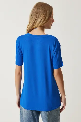 Kadın Kobalt Mavi V Yaka Basic Viskon Örme T-Shirt EN00613-Kobalt Mavi - 5