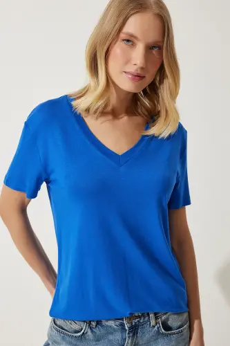 Kadın Kobalt Mavi V Yaka Basic Viskon Örme T-Shirt EN00613-Kobalt Mavi - HAPPINESS İSTANBUL (1)