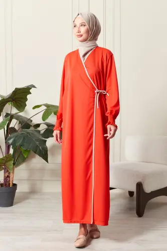 Kadın Kol Detaylı Kruvaze Yaka Biyeli Yandan Bağlamalı Namaz Elbisesi-Turuncu - 2