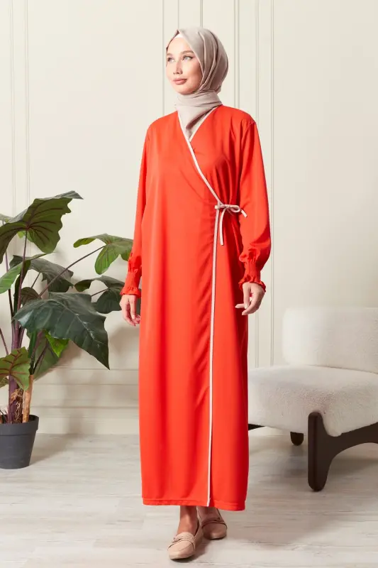 Kadın Kol Detaylı Kruvaze Yaka Biyeli Yandan Bağlamalı Namaz Elbisesi-Turuncu - 2