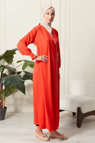 Kadın Kol Detaylı Kruvaze Yaka Biyeli Yandan Bağlamalı Namaz Elbisesi-Turuncu - 3